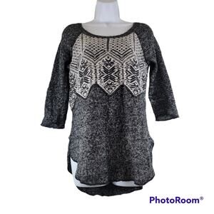 Free People Gray White 3/4 Sleeve Knitted Pullover Sweater Wool Blend Size Small